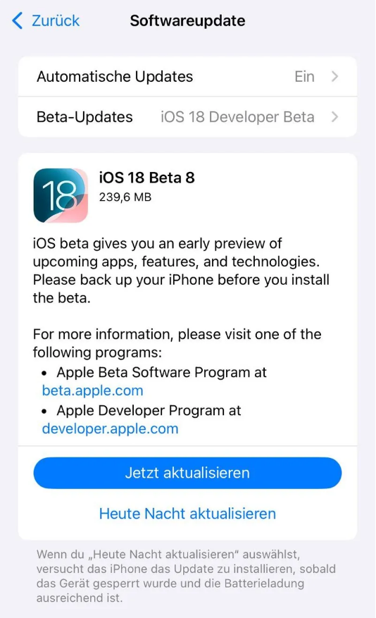 山西苹果手机维修分享苹果 iOS / iPadOS 18 开发者预览版 Beta 8 发布 